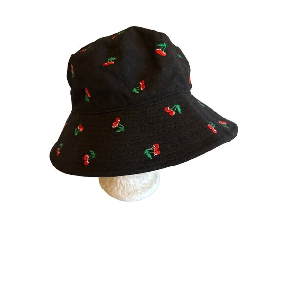 Black Bucket Hat With Embroidered Red Cherry Pattern For Women & Teens - Picture 1 of 4